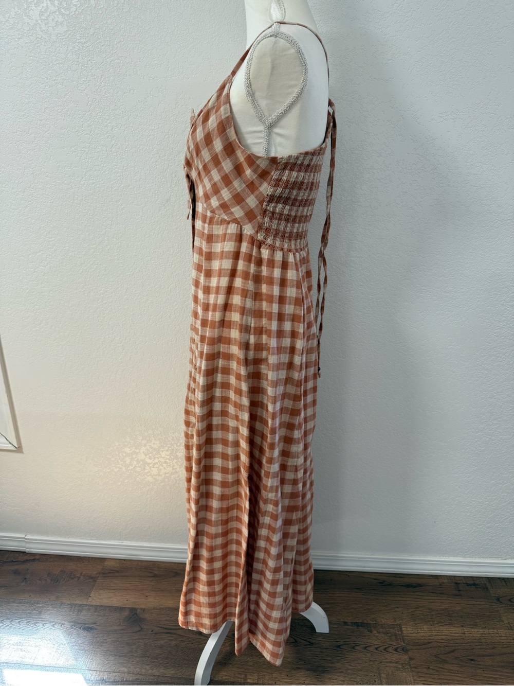 ANGIE  Rust and Cream Plaid Maxi Dress with Front Tie V-Neck Button Cotton M. - Picture 10 of 13